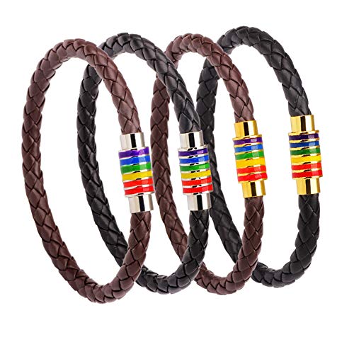 Image of Leather Braided LGBT Rainbow Bangle Bracelet - Gay & Lesbian Pride
