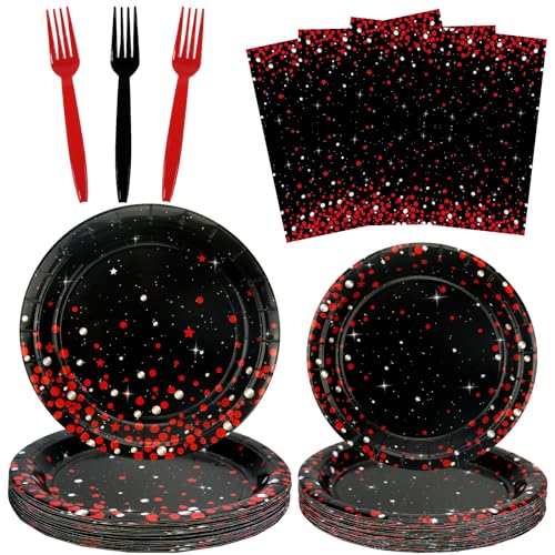 100 Pieces Black and Red Party Tableware Party Supplies Include 7 Inch and 9 Inch Paper Plates Dinnerware Napkins Forks for Birthday Wedding Halloween Party Decorations Serves 25 (Black and Red)