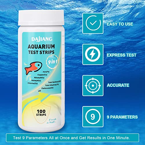 Dajiang 9 In 1 Aquarium Test Strips,100 Strips Aquarium Testing Kit For Freshwater Saltwater, Pond Test Strips For Fish Tank Testing Ph, Iron, Copper, Nitrite, Nitrate, Hardness, More #TOP2