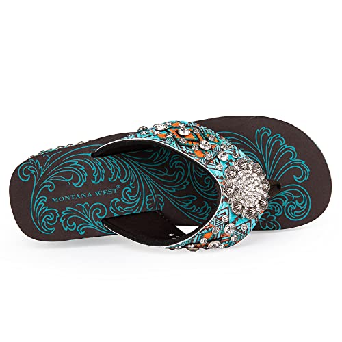 Montana West Ethnic Printing Flip Flops For Women Summer Bohemian Jeweled Studded Wedge Summer Flop Sandals Turquoise Sef20-S001Tq-7 #TOP2