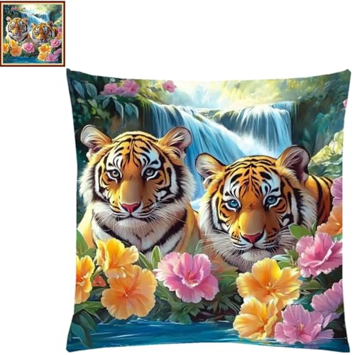 Image of Fanxvivy Stamped Cross Stitch Kits for Adults Beginners Pillow Needlepoint Kit with Embroidery Pattern Needlework Kit Prestamped Stitches Kit 11CT Cross Stitching-Flower Tiger 18x18 inch