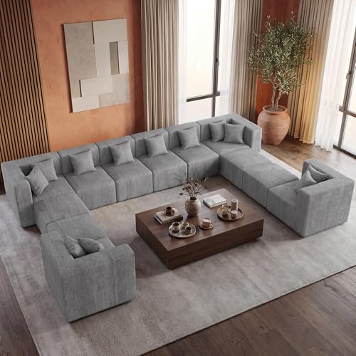 Image of MONVANE Modular Sectional Sofa, Oversized 12 Seat Convertible U Shaped Couch with Ottoman, Comfy Chenille Cloud Couch with Pillow, Sectional Couches for Living Room, No Assembly Required, Light Grey