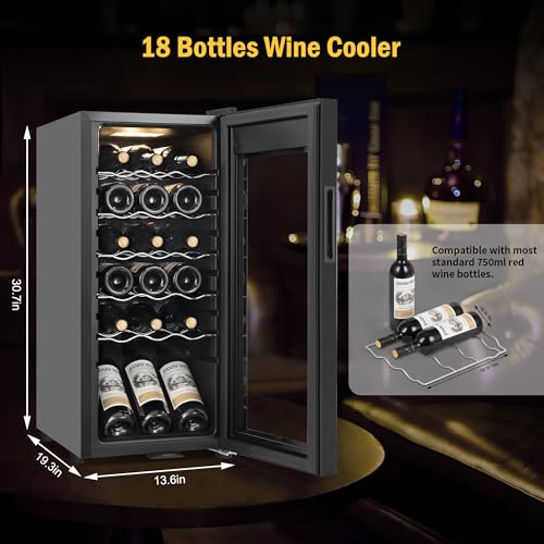 Image of Wine Fridge 18 Bottles, Small Wine Cooler Refrigerator Freestanding with Digital Temperature Control Safety Lock, Frost Free for Red White Wine, Champagne