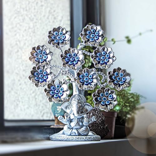 HDCRYSTALGIFTS Evil Eye Flowers Lucky Artificial Tree with Silver Ganesha Hindu Elephant God Statue Home Office Feng Shui Protection Ornament Sculpture Table Room Decor Gift - Image 3