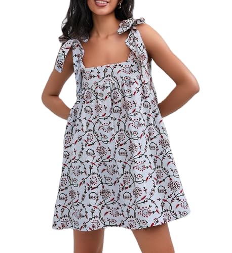 Image of Women Floral Tie Shoulder Mini Dress Cute Square Neck Loose Fit Beach Short Dress Backless Boho Vocation Sundress