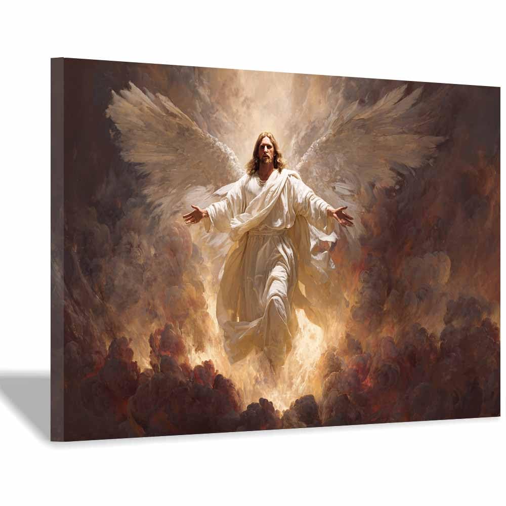 ZAMAEIU Jesus Canvas Wall Art Modern Wings descend to heaven Christian Poster Painting of Inspirational Religious Decor for Living Room, Church or Prayer Room(white)-80x120cm Framed
