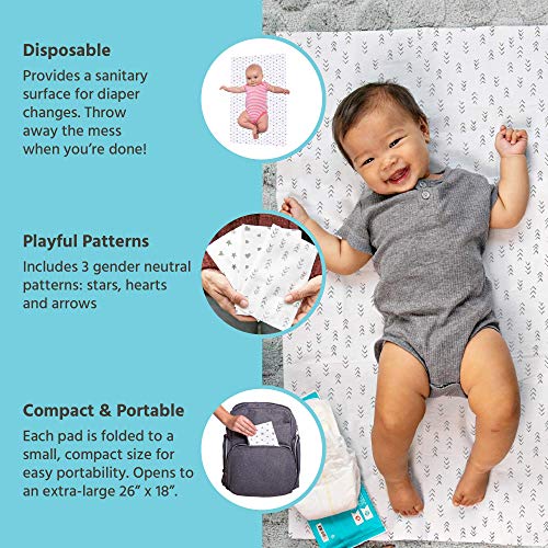 J.L. Childress Healthy Habits Disposable Changing Pads for Babies - Diaper Changing Table Covers, Baby Travel Essentials, Absorbent Liner Pads, Leak-Resistant, 26\"x18\" - Stars/Hearts/Arrows, 24 Count - Thumbnail 2