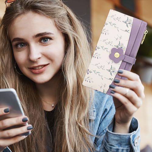 Image of Farcauo Long Floral Womens Wallet Cute Wallets for Women Purple Women's Wallet Kawaii Flower Card Wallets for Women Ladies