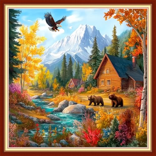 Image of Joyhoor Cross Stitch Kits for Beginners Stamped Cross-Stitch Supplies Needlework preprint Embroidery Kits for Adults DIY Needlepoint Kits Embroidery Patterns 11CT-Brown Bear Landscape 18x18 inchs