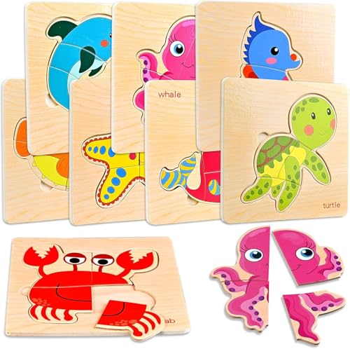 8 Puzzles en Bois Enfant, Jeux Bébé, Jouet Montessori pour Garçons Filles, Cadeau Anniversaire Halloween Noël, Cube Animaux Marins, Éducatifs 1 2 3 Ans