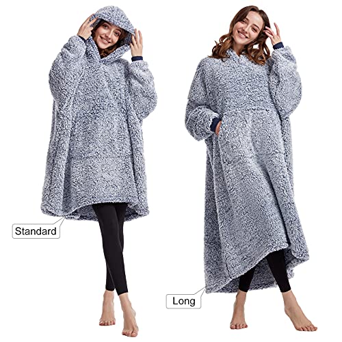 Oversized Teddy Fleece Hoodie Blanket for Women Cuddly Sherpa Wearable Snuggle Blanket Hoody for Adults Kids Men Teenager Super Warm and Soft,Blue Length - Image 4