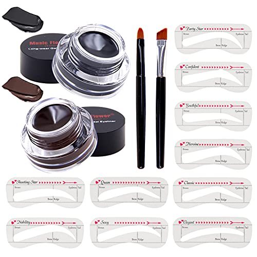 KIMIEYE Gel Eyebrow Stamp Shaping Kit, Black and Brown Multi-purpose Gel Eyeliner Set, Waterproof & Sweatproof, Up to 24 Hour, Eye Makeup Brow Gel with 10PCS Reusable Eyebrow Stencils
