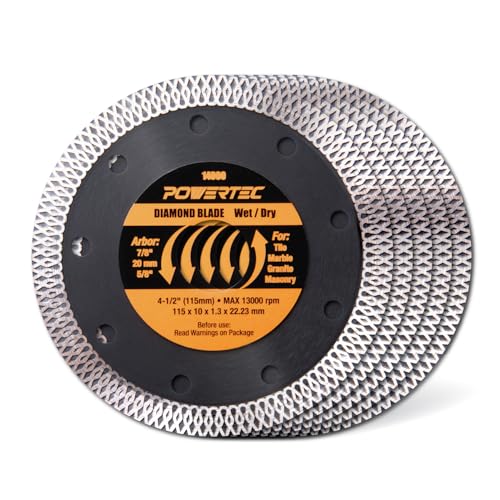 Image of POWERTEC 4-1 /2 Inch Diamond Saw Blades for Angle Grinder 5 Pack, Super Thin Turbo Mesh Rim for Cutting Porcelain, Granite & Ceramic Tile, 4.5 inch Diamond Blades (14000-P5)