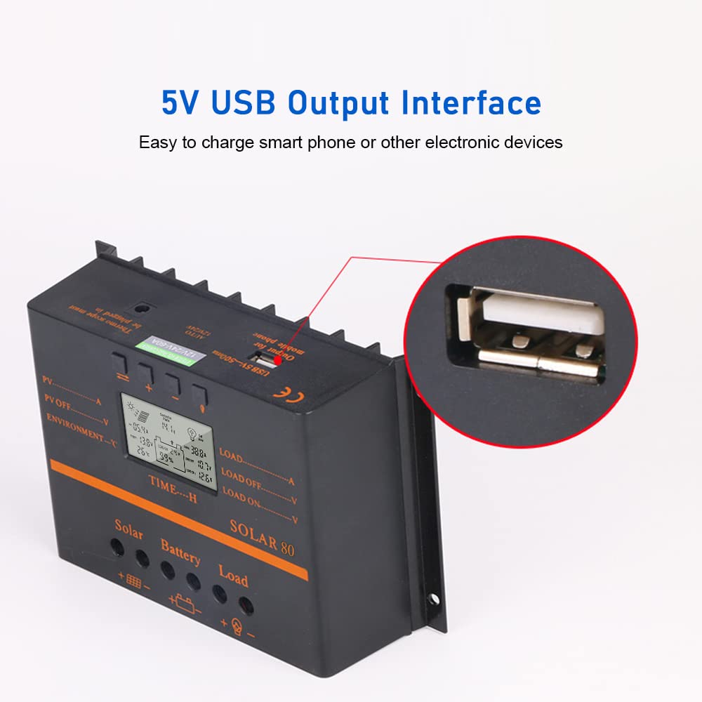 Hanzete, regolatore di carica solare PWM da 80 A, 12 V/24 V, pannello solare LCD autoadattante, regolatore di carica della batteria, con uscita USB 5 V, compensazione della temperatura, protezioni