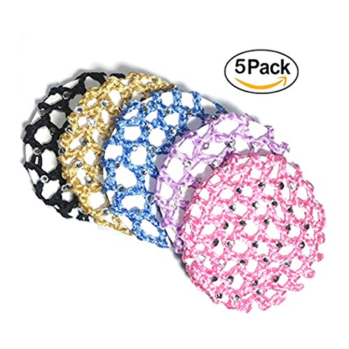 5 Pcs Women Ladies Girl Rhinestone Bun Cover Crochet Snood Hair Net For Ballet Dance Skating Sports and Daily Working，Bun Cover Snood Hair Net Ballet Dance Skating Chic Crochet With Pearl(5 Color)