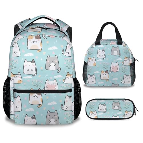 Cat Backpack with Lunch Box, Set of 3 School Backpacks Matching Combo for Girls Boys, Cute Green Bookbag and Pencil Case Bundle