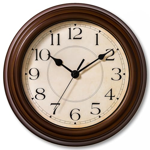 Image of KECYET Wall Clock, 9 Inch Silent Battery Operated Non-Ticking Wall Clock Classic Decorative for Living Room, Kitchen,Office, Bedrooms(Brown)
