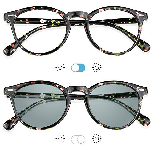 Image of YEIN 2 Pairs Of Bifocal Reading Glasses, Photochromic Gray Sunglasses, for Women /Men(Navy+Floral,0.00 /+1.75 Magnification)