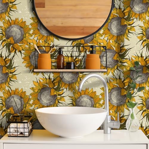 Papel pintado floral vintage autoadhesivo de 17.5x78.8 con girasoles amarillos 6
