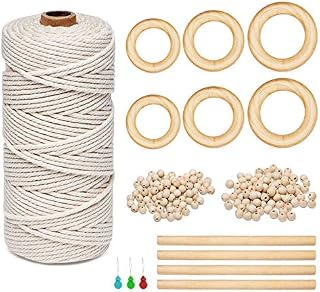 ilauke 100m Natural Macrame Cord 3mm Macrame Rope with 100Pcs Wood Beans, 6Pcs Wood Rings, 4Pcs Wood Sticks, 6Pcs Needles, Macrame Craft Kit for DIY Plant Hangers, Crafts, Knitting