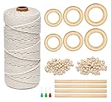 🌟Zubehör: 3 mm x 100 m Baumwollseil mit Holzrolle + 4 x 20 cm Holz (8mm Dicke) + 2 x 4 cm Holzring + 2 x 5.5 cm Holzring + 2 x 7 cm Holzring + 50 x 12 mm Holzperlen + 50 x 14 mm Holzperlen + 6 Stück Kunststoff Nadel Einfädler.