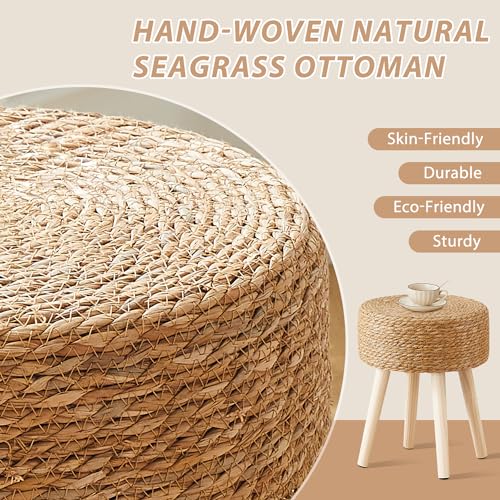 Cpintltr Round Ottoman Footstool Foot Stool Pouf Ottomans with Solid Wood Legs Hand Weave Hyacinth Footrest Step Stool for Living Room Balcony Garden Natural Seagrass
