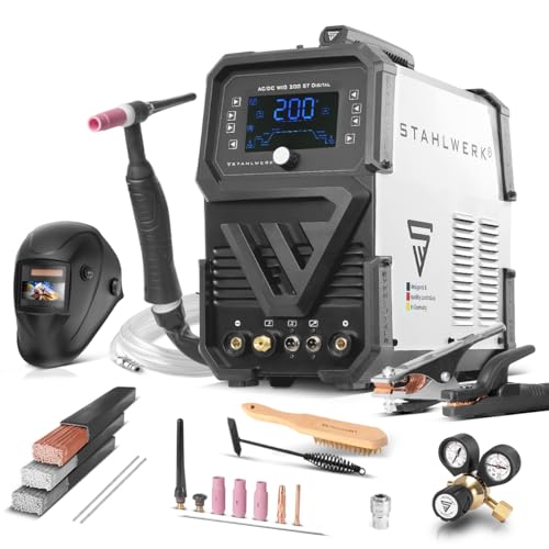 STAHLWERK Poste à souder combiné 3-en-1 AC/DC TIG 200 ST Digital – Kit complet – TIG & MMA (ARC) jusqu'à 200 A, mode Clean pour le nettoyage électrochimique des soudures inox, amorçage HF