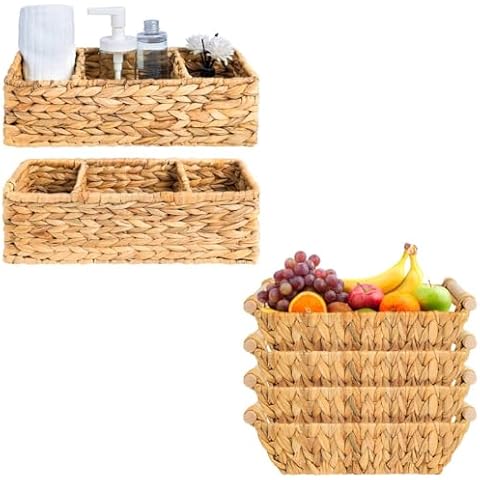 OEHID Wicker Storage Basket Water Hyacinth storage Baskets, 2 Pack Toilet Tank Paper Baskets for Bathroom + 4 Pack Wicker Small Baskets for Storage Shelves Cover
