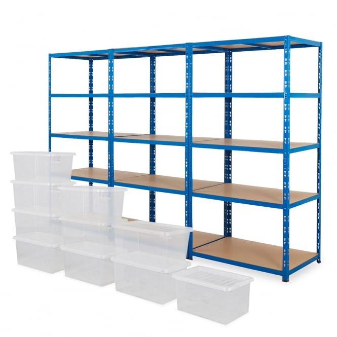 BiGDUG Heavy Duty Garage Shelving Unit 3 Bay - 179x90x60 cm - 200kg UDL Per Shelf (1000kg Per Bay) - 3x Blue Storage Shelves - 5 Tier - With 10x 31L Storage Boxes