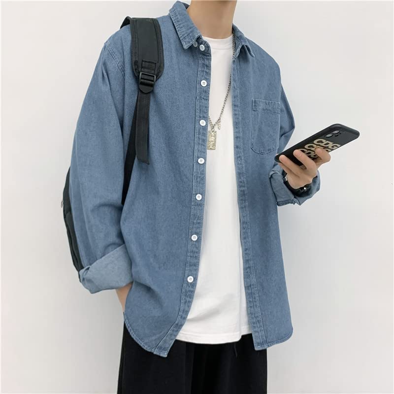 Washed Denim Grunge Shirts Long Sleeve Button Casual Jean Tops Korean Preppy Durable Oversized Jacket for Men3