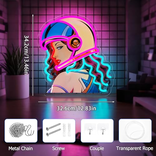 Image of Helmet Girl Neon Sign, Retro Motorcycle Babe LED Neon Light, UV Printed Dimmable Garage Neon Signs for Wall Decor, Man Cave, Bar, Game Room, Bedroom, Gift for Motorcycle Lovers, Riders, Clubs Fans