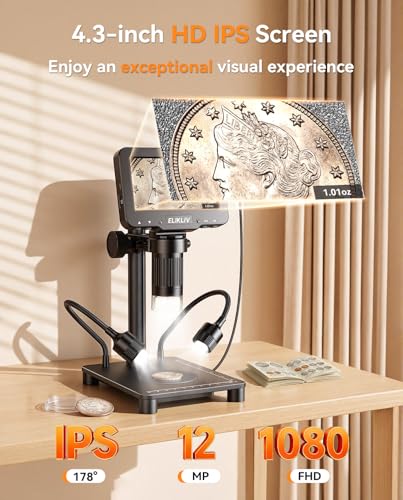 Image of Elikliv Microscope with Weighing Scale, Digital Magnifier for Error Coins, Jewelry Magnifying Glass with Lights, 4.3 inch LCD Screen 12MP Camera 1080P Video USB PC View for Adults Collectors Supplies