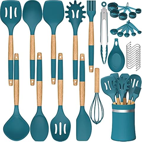 33 PCS Silicone Kitchen Utensils Set, Umite Chef Heat Resistant Cooking Utensils Set With Holder, Wooden Handle Kitchen Gadgets Tools Spatula Set for Nonstick Cookware(BPA Free & Blue) Cover