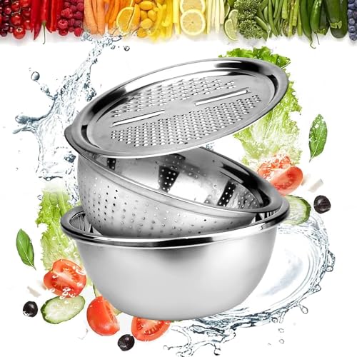 Image of KRESHU 3IN1 Stainless Steel Basin Set with Colander Grater Lid 3-Piece Multi-Function Mixing Bowl for Washing, Stainless Steel Basin Set (26 * 26 * 10CM)