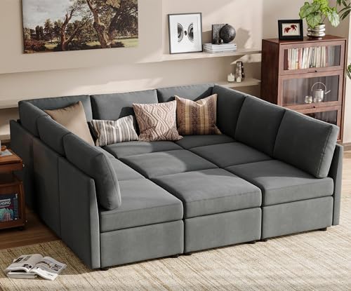 LINSY HOMESectional Sleeper Sofa, Modular Couch with Memory Foam, Storage Under Each Seat, Sofa Covers Washable Changeable, 7-Seat Sectional Couch with 2 Ottomans, for Living Room, Dark Grey
