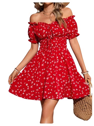 Milumia Women's Floral Off Shoulder Puff Sleeve Short Dress Boho Frill Trim A Line Mini Dresses