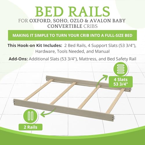 Image of Full-Size Conversion Kit Bed Rails for Oxford, Soho, Ozlo & Avalon Baby Convertible Cribs - Solid Wood - Toddler and Adult Rail for Full-Size Bed - Nursery and Baby Furniture (Ash Grey, Hook-On Kit)