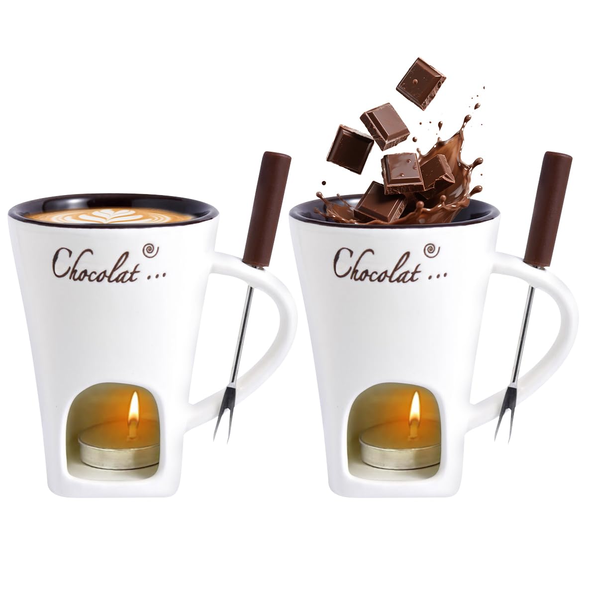 2 Pcs Chocolate Fondue Mug with Forks Chocolate Melting Cup Ceramic Butter Warmers Pot Set