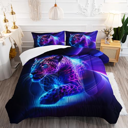 AILONEN Leopard Comforter Set Full Size, Leopard Pattern Bedding Set for Kids Teens,Wild Animal Print Duvet Set for Bedroom Decor,3-Pieces,1 Quilt + 2 Pillowcases,Soft Lightweight