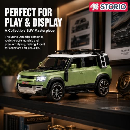 Image of Storio 1:32 Diecast Defender Toy Car, Metal Body SUV Model with Openable Doors Bonnet & Boot, Pull Back Action Vehicle Toy, Realistic Collectible Car for Kids Boys Girls