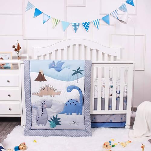 Image of La Premura Baby Crib Bedding Set for Boys – Dinosaur 3 Piece Standard Size Nursery Crib Comforter Set, Grey/Blue - Unisex Baby Nursery Bedding and Neutral Decor