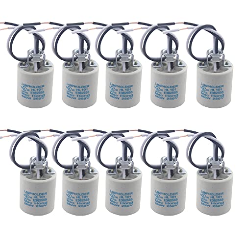 Odlamp 10pcs Ceramic Standard Medimun Screw Socket E26 E27 Bulb Lamp Holders E26 Light socket With Wire Lead for Hot Halogen Bulb (E26 10pcs)