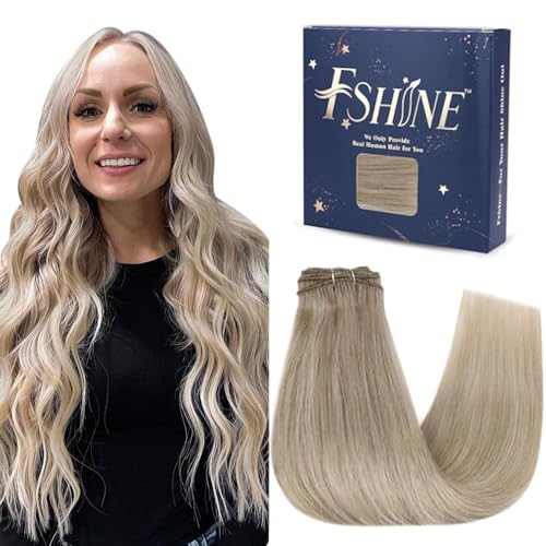 Fshine Hair Weft Extensions,14 Inch 100 g,Remy Human Hair Extensions,Color 18P613 Highlight Blonde,Straight Silky Soft Texture,Lightweight Comfortable Fit,Gentle to Hair,for Women