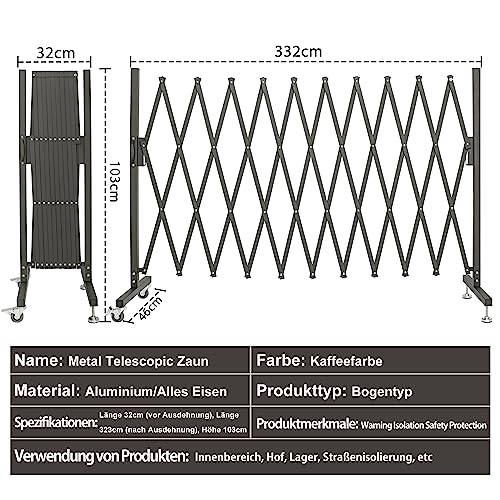 OUUTMEE Scherengitter ausziehbar outdoor Zaunrollen mit maximaler Breite 330cm x Höhe 120 cm, Teleskop-Tor, Baustelle/Bahnhof/Schule/Garage, Zauntor (leicht, kompakt) Schwarz