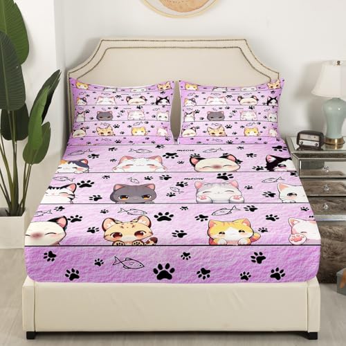 Parure de lit 3 pièces microfibre violette drap plat 2 taies d'oreiller chaton mignon