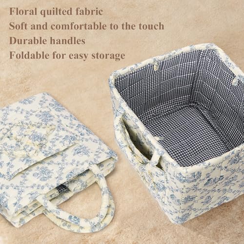 Image of Quilted Fabric Basket Foldable Car Storage Boho Floral Laundry Basket Hamper for Nursery Bedroom & Living Room | Organize Clothes Toys