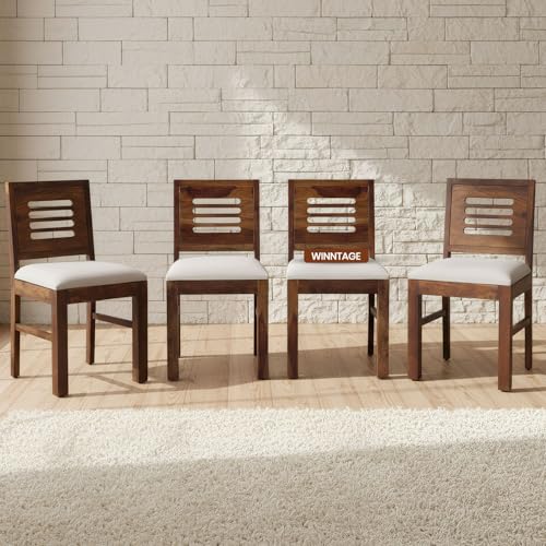 Image of Furniture Sheesham Wood Dining Chairs Set of 4 for Dining Room | Wooden Furniture Cushion Chairs Set for Dinner Room Living Room Home and Office - (Natural Finish) | 1 Year Warranty