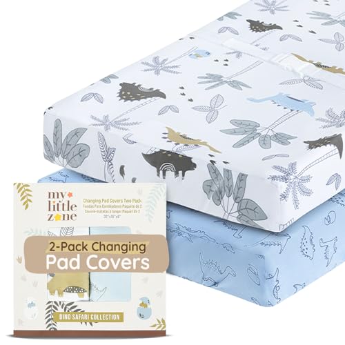 Image of Baby Changing Pad Covers Table Sheet 32"x 16", 8" Deep Pocket - Diaper Cotton Dinosaur Changing Pad Cover, 100% Cotton Cover Sheets 2 Pack, Dino Baby Sheets, Designed in France, Dino Safari