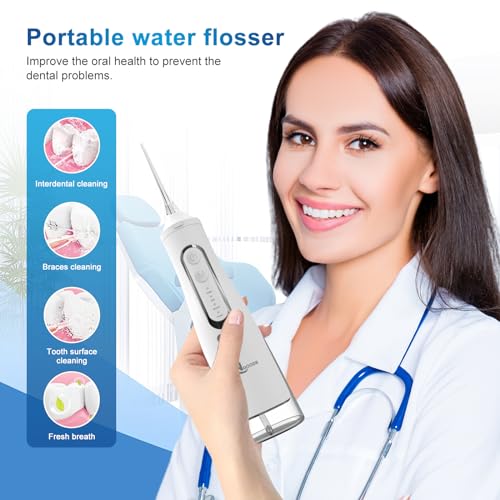 Image of JNGOODS Cordless Water Dental Flosser Oral irrigator,JNGOODS 310ml Rechargeable Water flosser for Teeth IPX7 Waterproof 4 Modes Portable Oral Irrigator with 4 Jet Tips,Travel Home use (White)