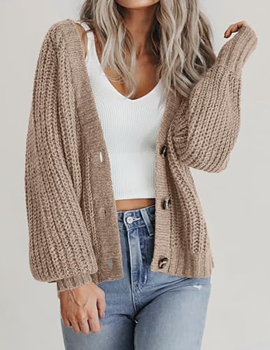 Zeagoo Women's 2025 Fall Chunky Knit Cardigans Open Front Long Sleeve V Neck Button Loose Cardigan Sweaters2